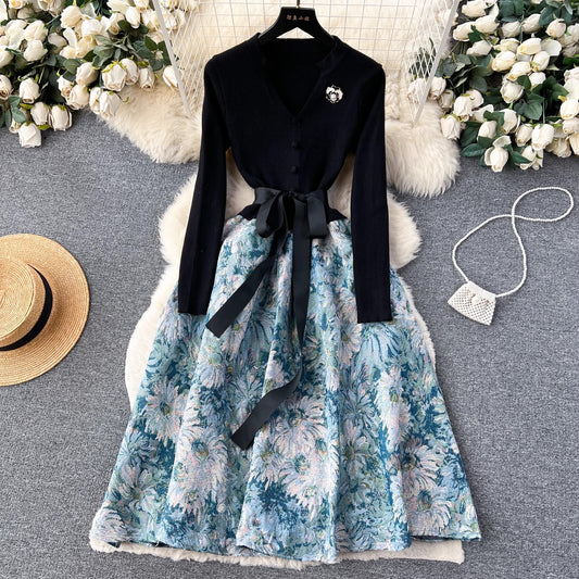 knitted splicing jacquard dress for women      S4544