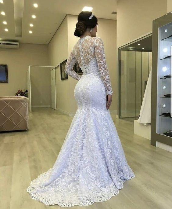 Gorgeous Lace Mermaid Wedding Dresses Bridal Gown with Long Sleeves Jewel Neck       S5126
