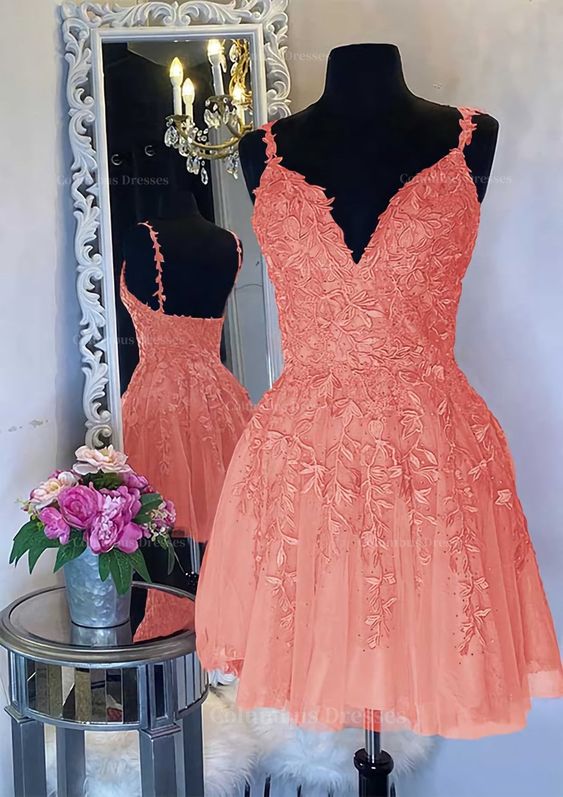 A-line V Neck Sleeveless Short/Mini Tulle Homecoming Dress with Appliqued Beading     S5092