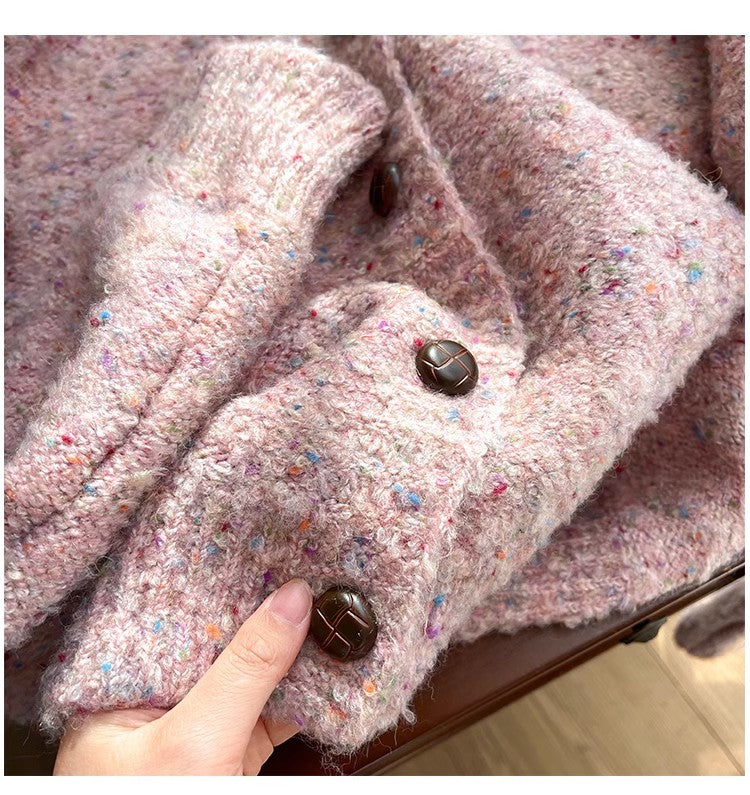 Mixed color dot hooded sweater jacket for women knitted cardigan   S4867