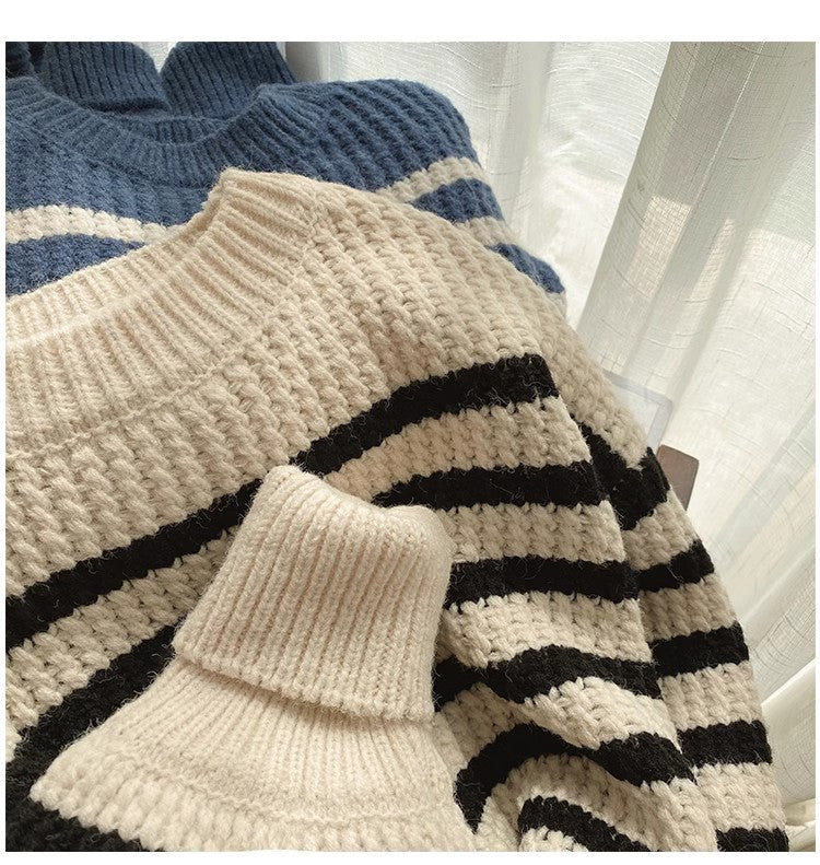 Striped long-sleeved sweater for women round neck top       S4913