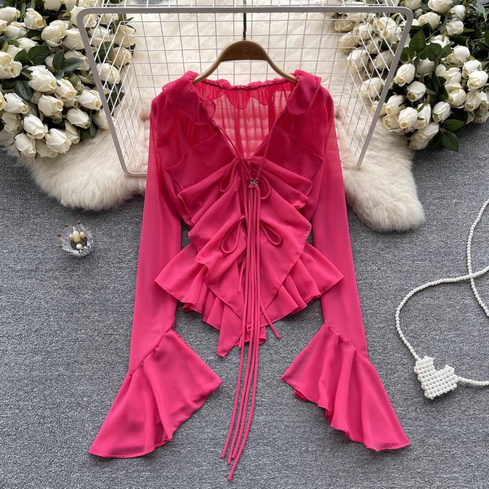 Designed irregular bell-sleeved chiffon shirt for women new style ruffled V-neck top trendy      S4601