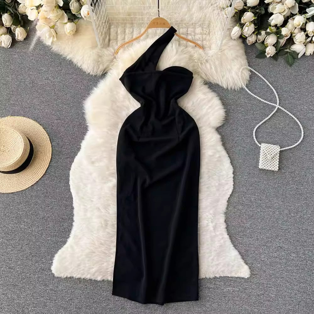 Black sleeveless one-shoulder long dress fo sexy dress    S4633r women with fashionable design irregular