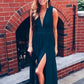 Stylish A-Line Deep V Neck Navy Blue Chiffon Long Prom Dresses With Side Split      S5131