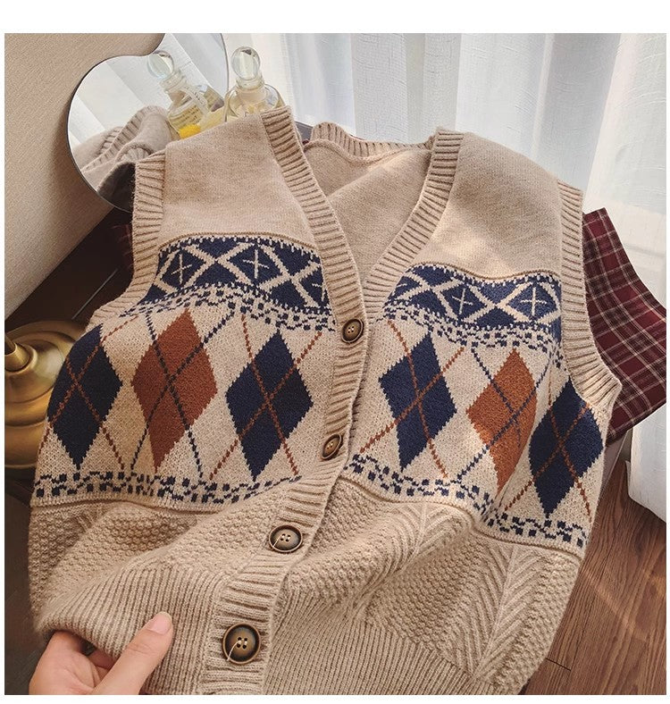 V-neck vest for women new style retro style sweater cardigan sleeveless vest knitted vest trendy      S5023