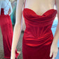 Red Cowl Neck Lace-Up Back Long Prom Dress with Slit     S4999