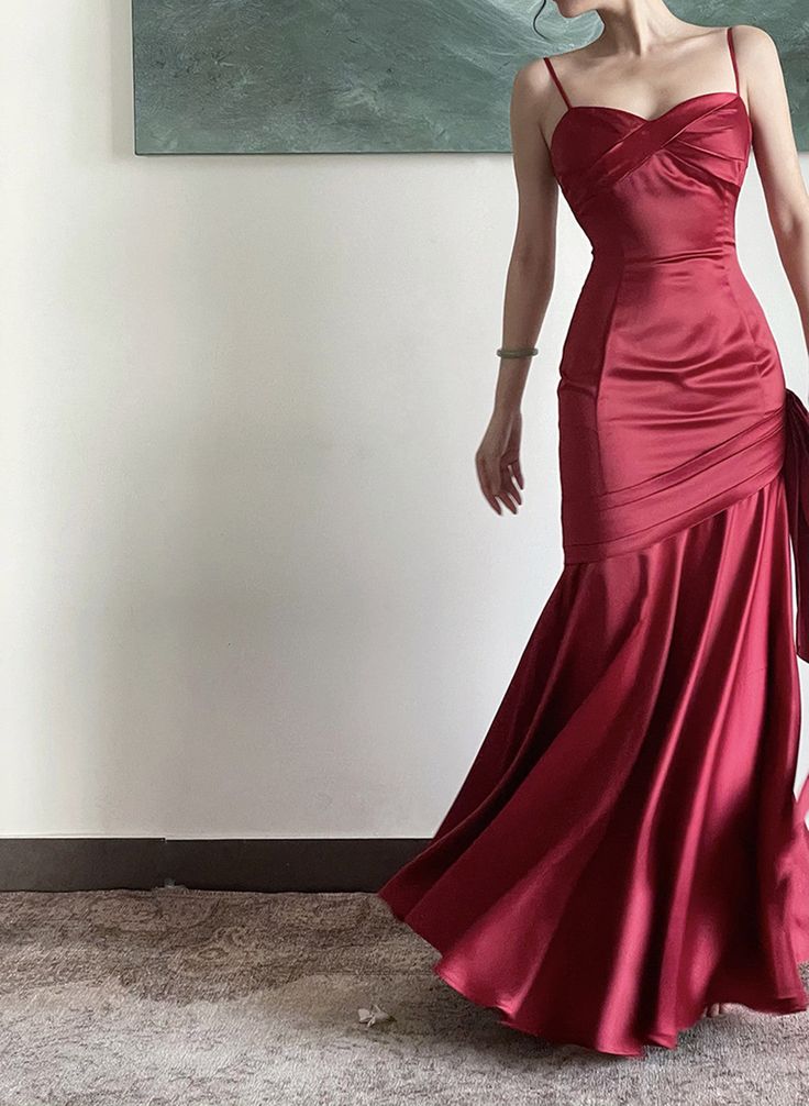 Burgundy Satin Sweetheart Straps Prom Dress, Burgundy Long Evening Dress       S5246