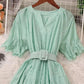V-neck Puff Sleeve Dress Summer New Style Fashionable Long Skirt    S5040