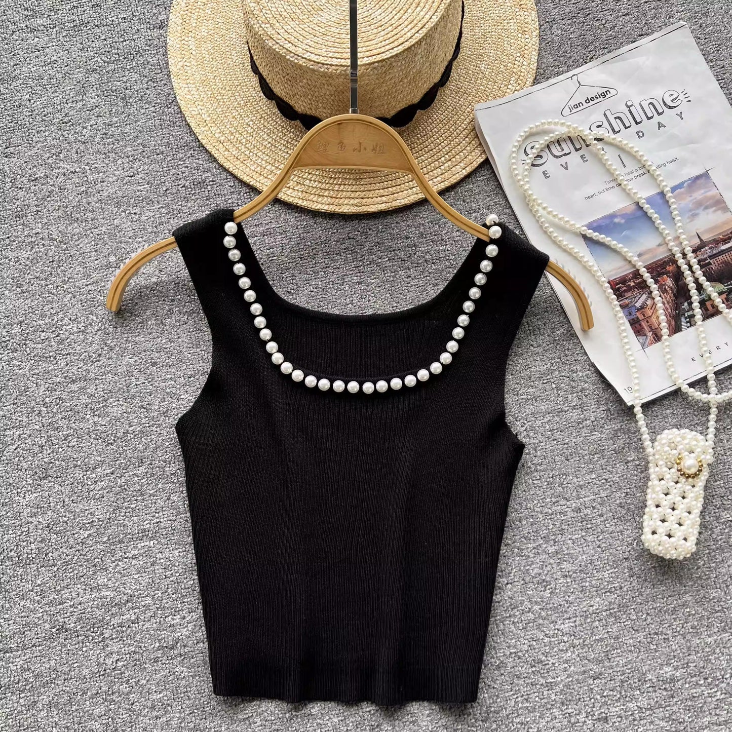 Square neck sleeveless beaded pleated for women knitted chic top     S4622
