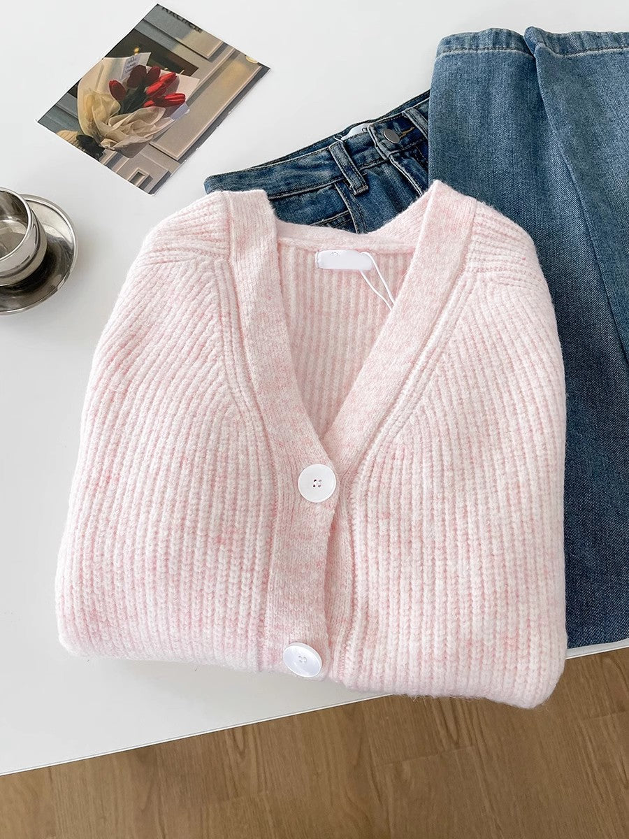 Sweet pink V-neck cardigan jacket long-sleeved sweater top     S4714