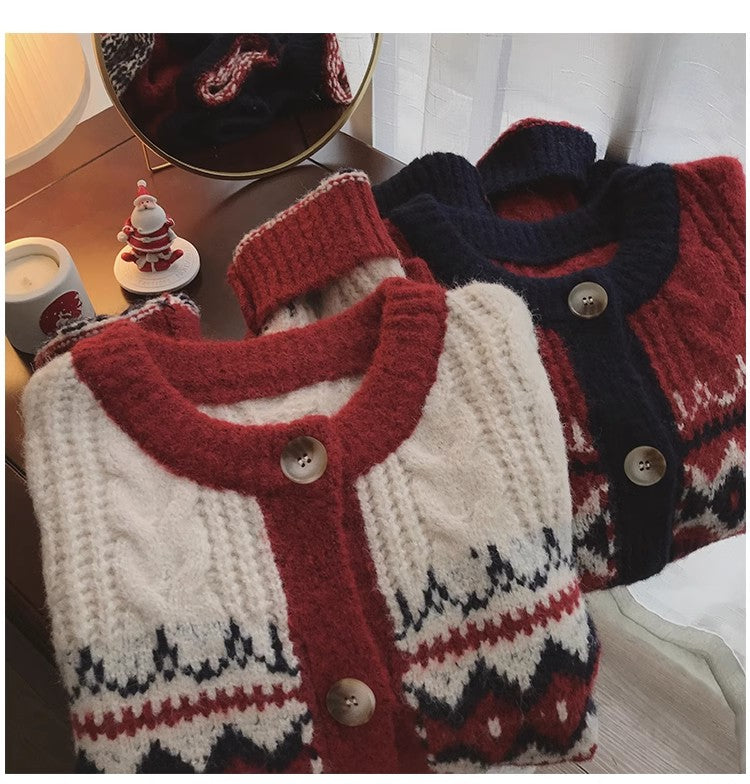 jacquard round neck knitted cardigan for women Christmas red sweater jacket      S4808