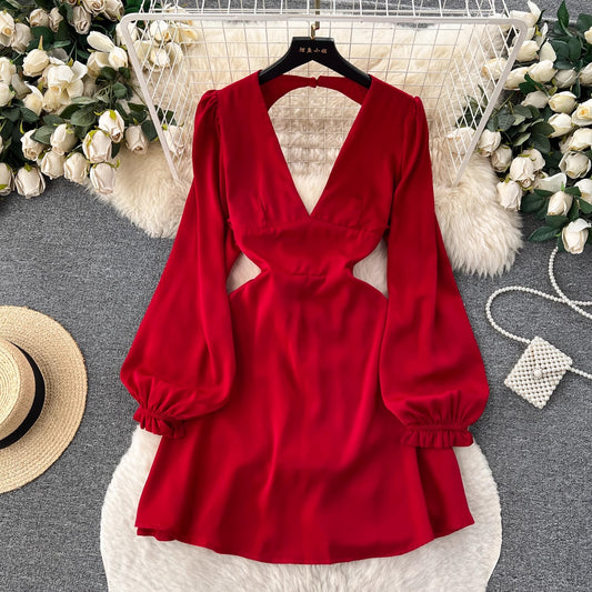 hot girl deep V-neck backless puff-sleeve dress for women party dress      S4588