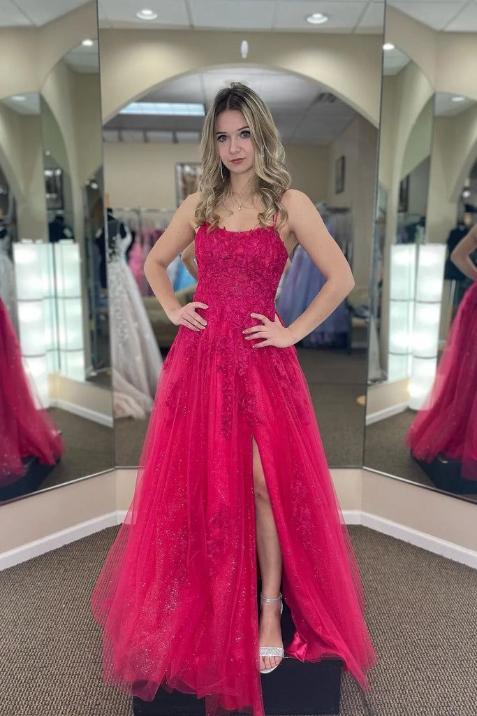 A-line Tulle Scoop Neckline Applique Slit Long Prom Dress      S5139