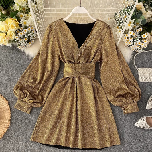 new V-neck lantern sleeves gold shiny dress for women      S4582