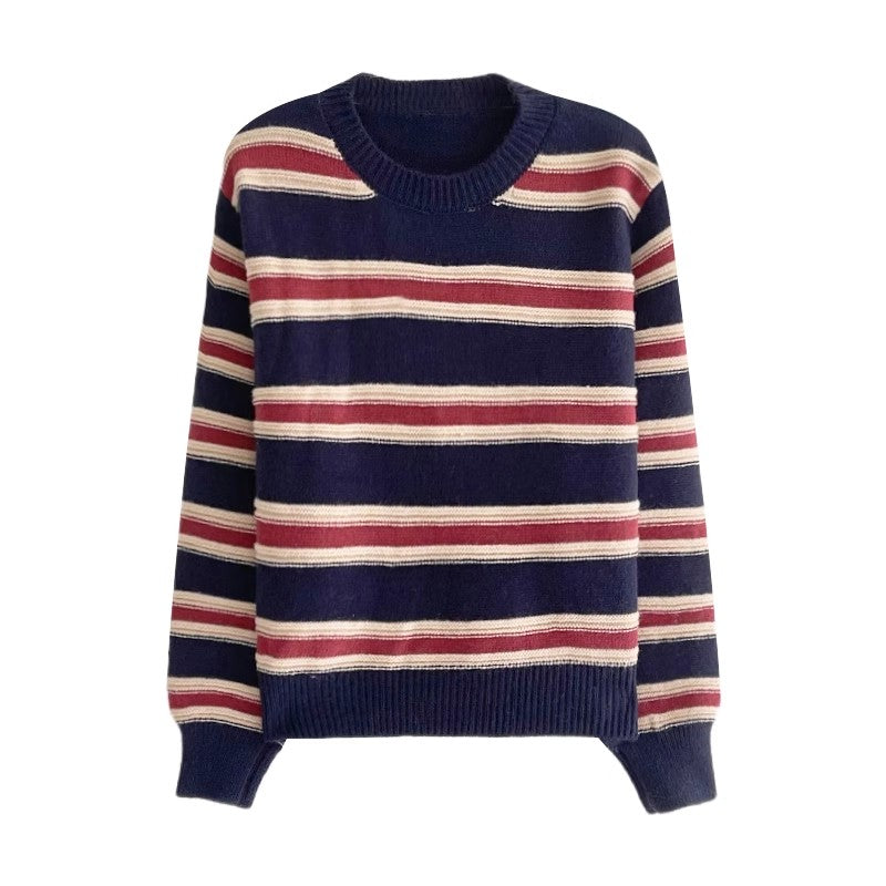 striped round neck long-sleeved sweater     S4773