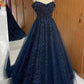 Navy Blue Beaded Straps A-Line Prom Dress      S5198
