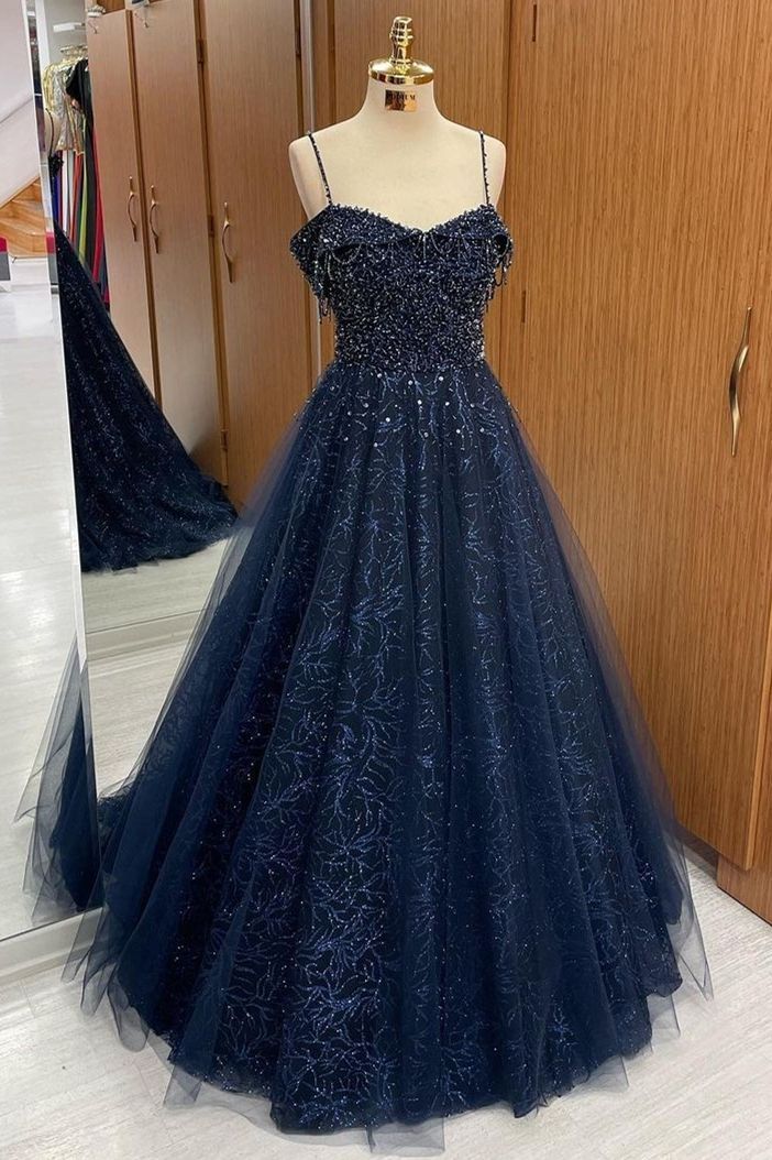 Navy Blue Beaded Straps A-Line Prom Dress      S5198