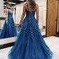 A-Line Prom Dresses Formal Floor Length Sleeveless V Neck Tulle Backless with Glitter Appliques    S5202