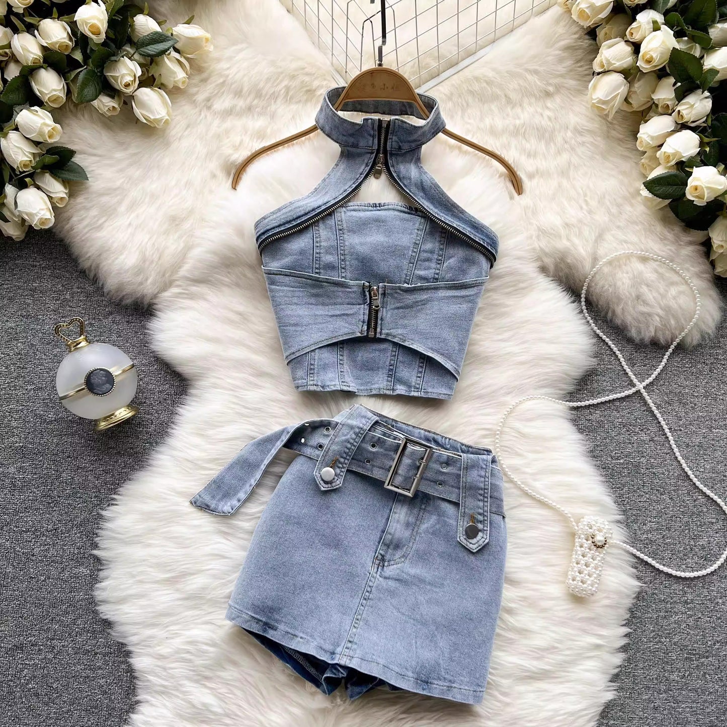 Street hot girl denim suit for women new halter neck short top two-piece set  S4575