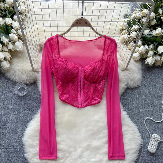 Sexy lace mesh long-sleeved T-shirt for women hot girl short top     S4591