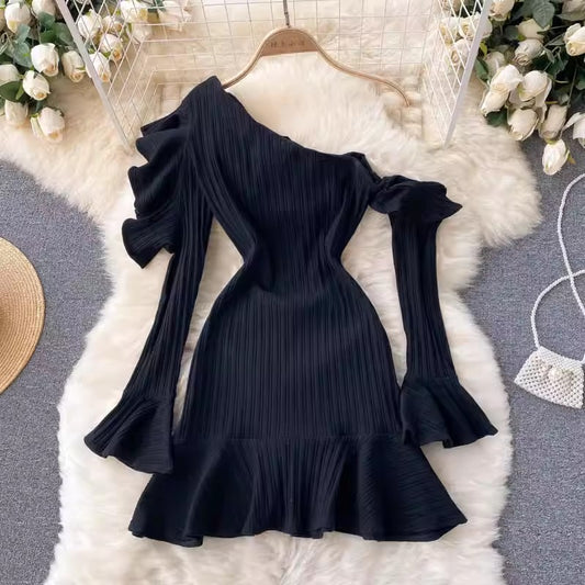 little black dress off-shoulder ruffled bell-sleeve dress     S4630