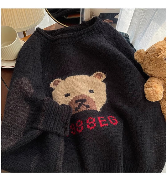 Designed bear jacquard round neck sweater for women knitted top trendy     S4886