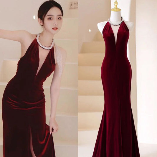 Deep V Neck Mermaid Velvet Long Evening Dress Backless Tassel Party Gown with Slit       S4981