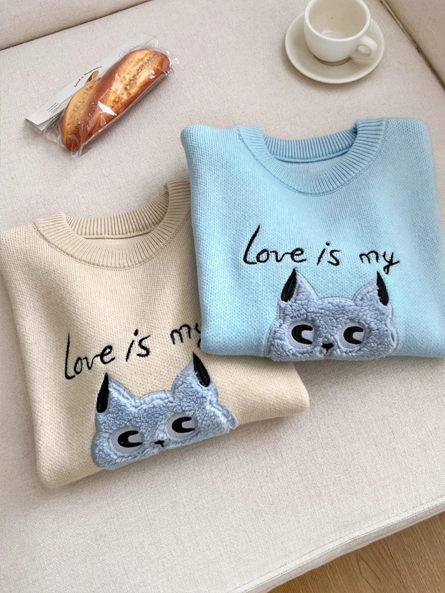 Sweet cute cat embroidery round neck casual long-sleeved sweater      S4787