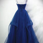 Blue A-line Straps Tulle Layers Long Evening Party Dress Hand Made Custom Long Prom Dress      S5172