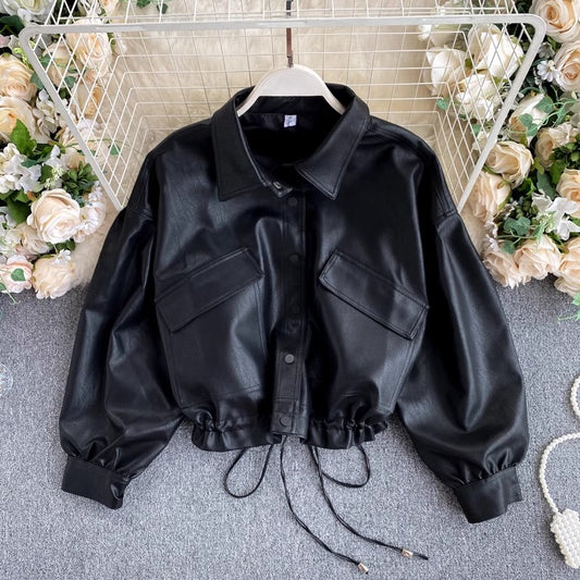 leather jacket women's retro big pocket short jacket     S4567