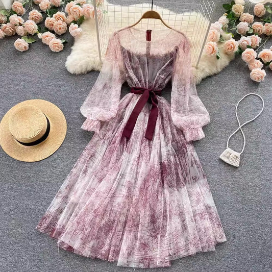 Puff Sleeve Dress Women's Print Sweet A-Line Skirt    S4661