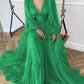 A-Line/Princess Sweep/Brush Train V-neck Long Sleeves 3D Chiffon Ruffles Dresses    S4954
