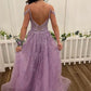 Lilac High Low Spaghetti Straps Lace Prom Dress       S5347