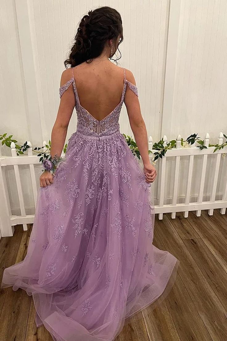 Lilac High Low Spaghetti Straps Lace Prom Dress       S5347