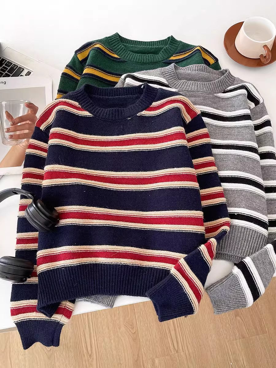 striped round neck long-sleeved sweater     S4773