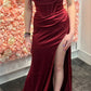 Spaghetti Straps Sheath Burgundy Long Prom Dress With Slit       S5297