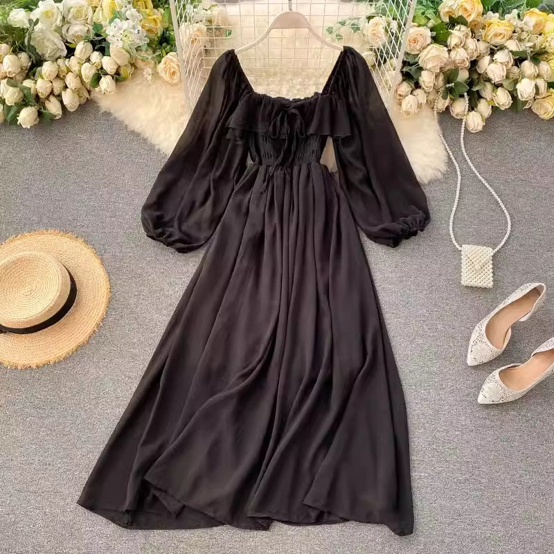 Chic Style Dress New Women's Square Neck Puff Sleeve Chiffon Skirt      S4597