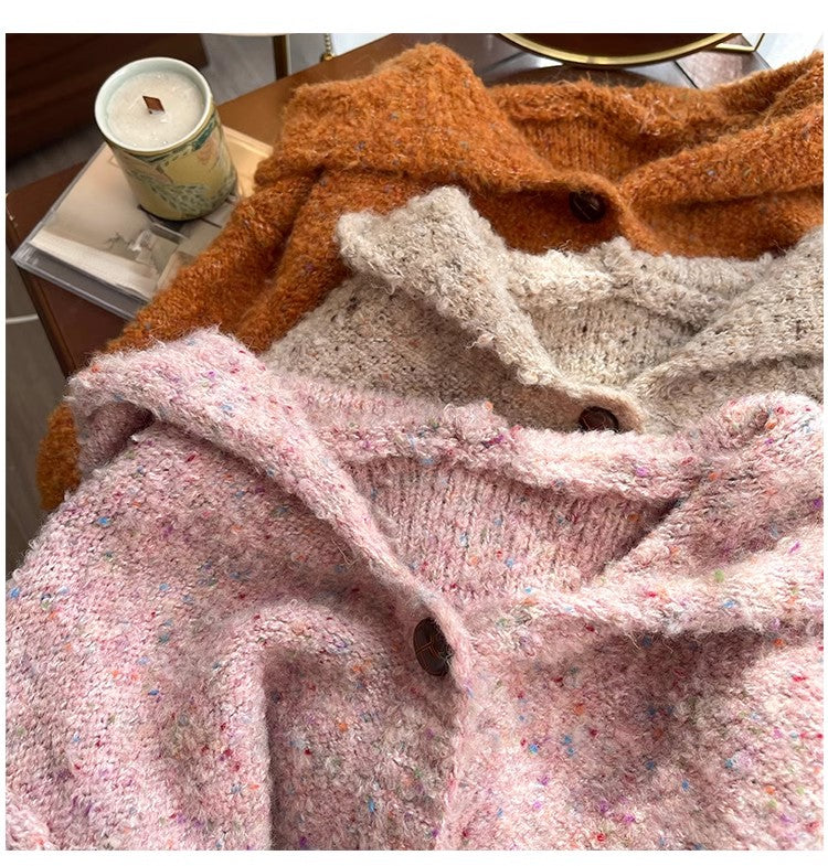 Mixed color dot hooded sweater jacket for women knitted cardigan   S4867