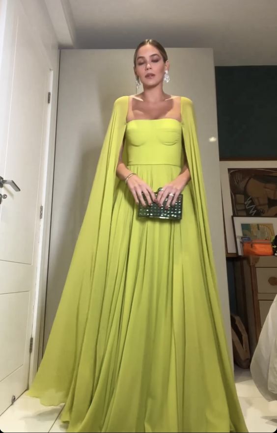 A-Line Evening Gown Elegant Cape Green Dress Formal Fall Floor Length Square Neck Chiffon with Pleats     S4957