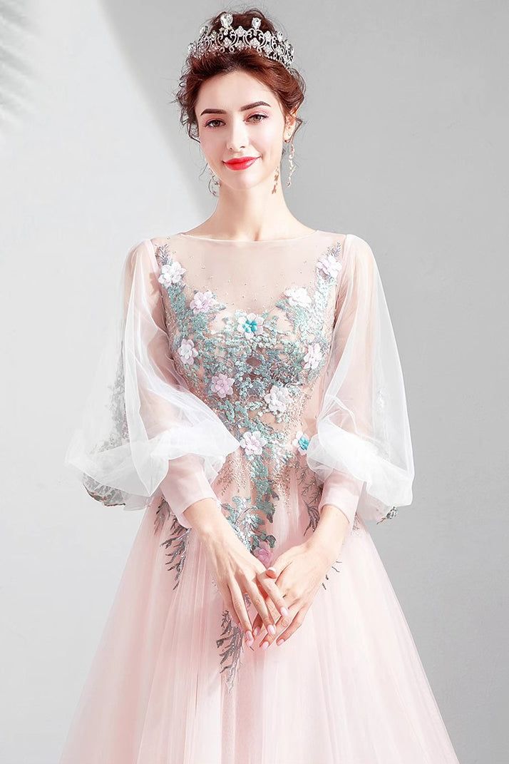 Light Pink Long Sleeves Tulle Prom Dress Princess Evening Gown with Lace     S5145