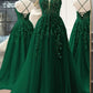 Pretty V Neck Green Lace Floral Long Prom Dresses, A Line Tulle Formal Evening Dresses     S5090