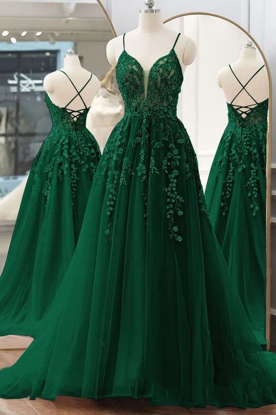 Pretty V Neck Green Lace Floral Long Prom Dresses, A Line Tulle Formal Evening Dresses     S5090