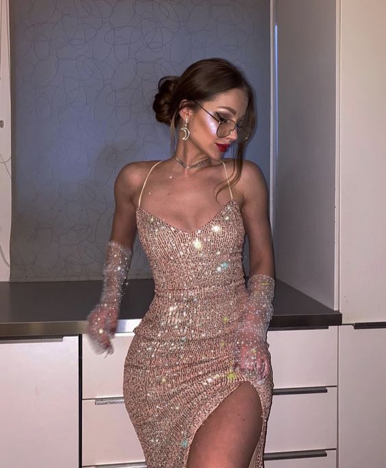 Sequin Evening Dress, Prom Party Dress With Slit      S5211