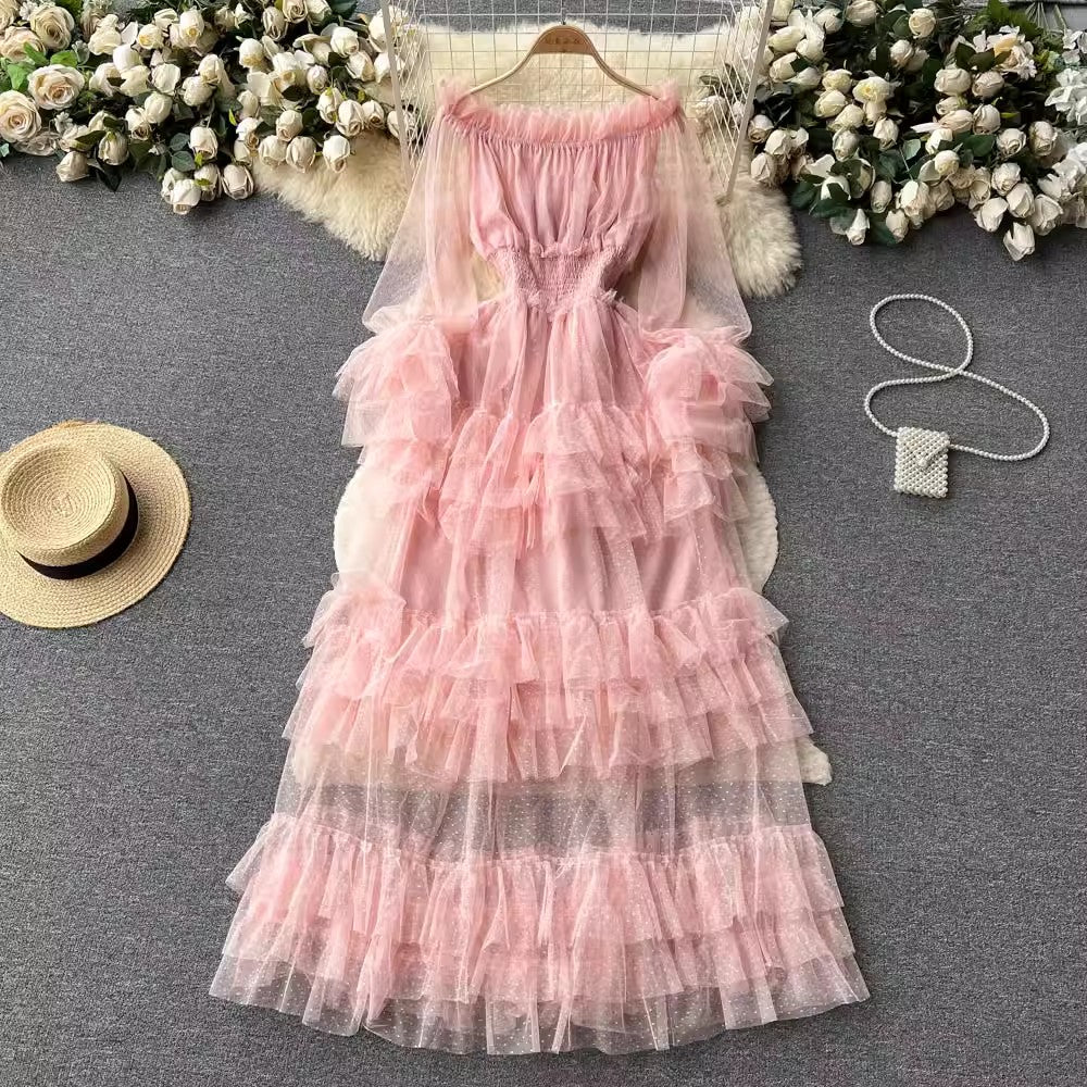 ruffled mesh cake dress for women elegant long skirt     S4557