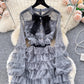 round neck bow diamond mesh dress for women sweet princess cake long dress    S4638