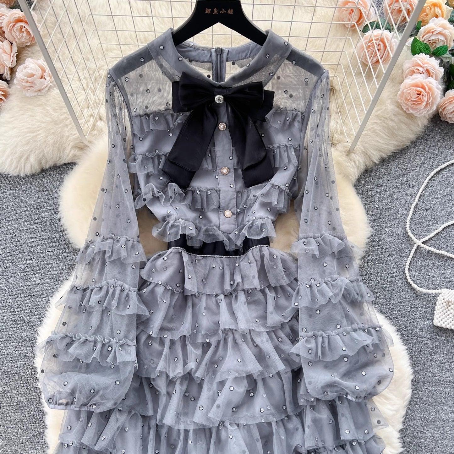 round neck bow diamond mesh dress for women sweet princess cake long dress    S4638