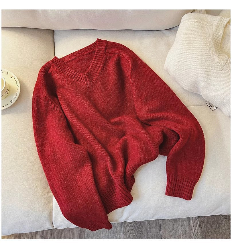 Solid color V-neck sweater for women new design long-sleeved sweater   S4890