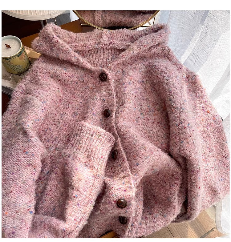 Mixed color dot hooded sweater jacket for women knitted cardigan   S4867