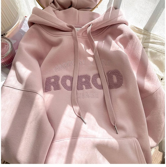 Sweet pink hooded sweatshirt for women embroidered top     S4933