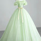 A-Line Off Shoulder Tulle Green Long Prom Dress, Green Sweet 16 Dress     S5143